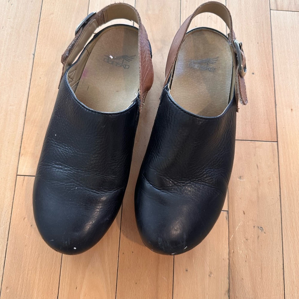 Black and Brown Leather Clogs